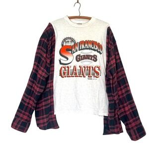 VTG 90s MLB SF Giants Baseball Reworked Upcycled‎ Flannel Sleeve T Shirt 1992 XL